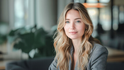 A confident young woman with blonde wavy hair wearing a gray blazer sits in a modern office environment, exuding professionalism and poise.