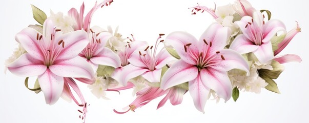Fototapeta na wymiar pink flowers and white lilies on white background
