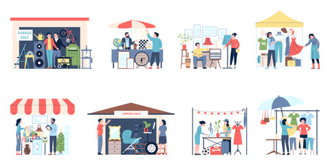 Garage sale. Outdoor flea market, sellers and customers. Second hand goods, people sell used furniture, clothes and tools, recent vector scenes