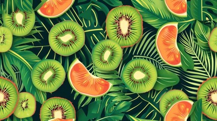  a bunch of sliced kiwis sitting on top of a lush green leaf covered ground next to a leafy green leafy area with a large amount of green leaves.