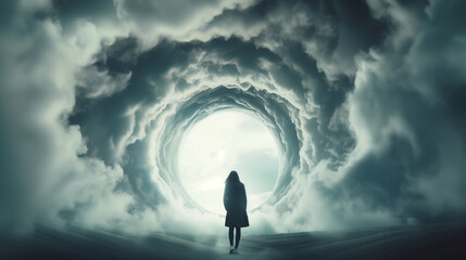 Silhouetted figure before a swirling vortex in stormy clouds - obrazy, fototapety, plakaty