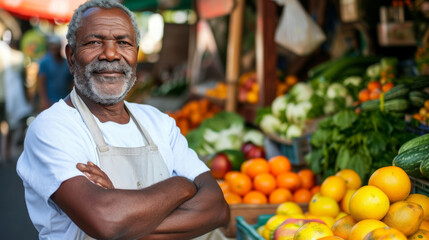 Fototapeta premium portrait of a cheerful, bearded elderly man with white hair and a mustache, standing with his arms crossed in front of a market stall filled with fresh fruits and vegetables