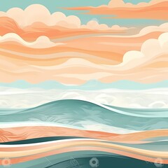 Serene Ocean Waves with Pastel Sunset Sky in Abstract Art
