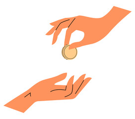 Female hand with a coin. Successful business, investment, deposit. Financial aid. Bank financial savings. Flat vector illustration isolated on white background