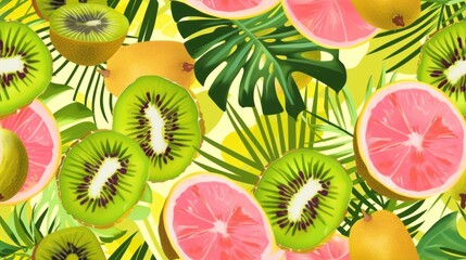  a bunch of sliced kiwi fruit on a yellow background with palm leaves and palm fronds on the left side of the image and a green leaf on the right side of the right.