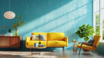 modern interior living room with Abstract mid-century contemporary wall background with vintage warm colors.