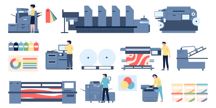 Print shop equipment. Designers and typography workers work with polygraphy tools. Paints pack, papers and print. Copy center recent vector set
