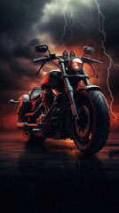 motorcycle on the road, black motorcycle without a driver stands on a dirt road, sideview - obrazy, fototapety, plakaty