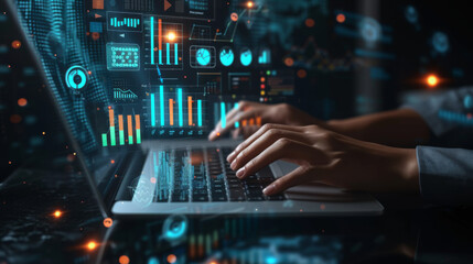 person's hands are seen typing on a laptop keyboard, with futuristic digital graphics of charts, graphs, and data analytics floating above the computer screen.