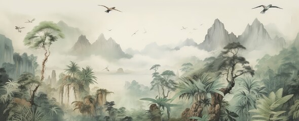 Watercolor pattern wallpaper. Painting of a jungle landscape with birds.