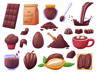 Cartoon chocolate food. Hot liquid cocoa, choco splash and beans. Natural sweets, candies and bars. Muffin and powder, nowaday vector clipart