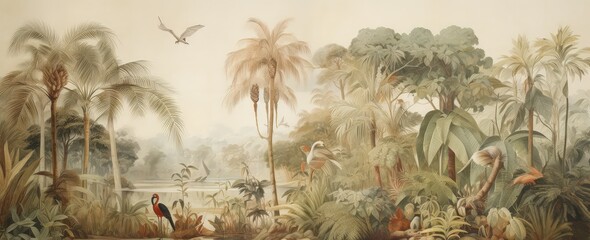 Watercolor pattern wallpaper. Painting of a jungle landscape with birds. - obrazy, fototapety, plakaty