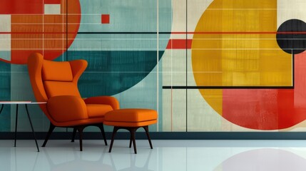 Contemporary interior living room with Abstract mid-century wall background with vintage warm colors.