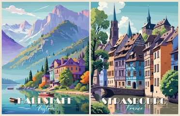 Set of Travel Destination Posters in retro style. Hallstaff, Austria, Strasbourg, France landscape prints. Europe summer vacation, holidays concept. Vintage vector colorful illustrations.