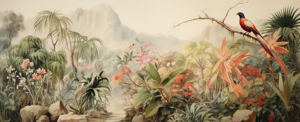 Watercolor pattern wallpaper. Painting of a jungle landscape with birds. - obrazy, fototapety, plakaty