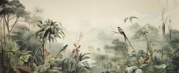 Gardinen Watercolor pattern wallpaper. Painting of a jungle landscape with birds. © Simon