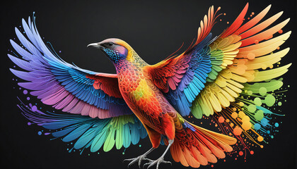 Very colorful and detailed illustration of a decorated bird spreading its wings while flying