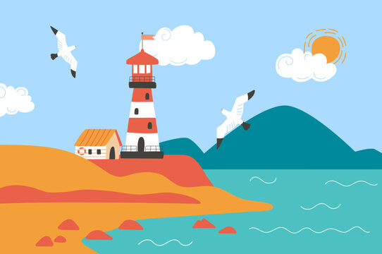 Lighthouse on coast. Ocean landscape with seagulls, mountains and hills. Safety for ships, metaphor of freedom and loneliness. Vector nature background