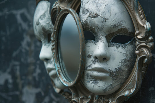 photo of a beautiful and ugly face with a mirror and a mask