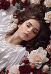 Obraz premium Close up portrait of an attractive young woman with Flowers, Beautiful Model Woman Face, Women's Day Concept.