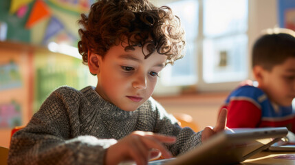 two young boys engaged with tablet computers, likely in a classroom setting with educational toys and decorations in the background.
