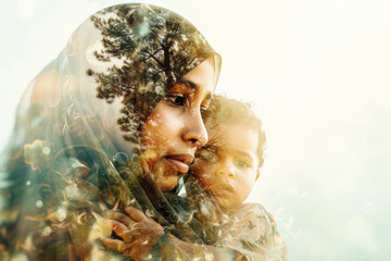 close-up double exposure image of an Arab woman holding a child, filled with an oasis. The image symbolizes hope and survival in challenging circumstances. - obrazy, fototapety, plakaty