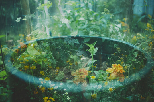 double exposure image of a compost bin and a garden.