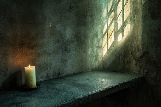 photo of a light and dark room with a candle and a shadow