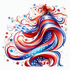 american flag, whimsical design, bright colors, bowing in wind, pretty, clip art, no background