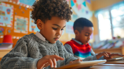 two young boys engaged with tablet computers, likely in a classroom setting with educational toys and decorations in the background.