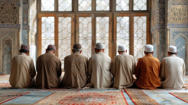 A gathering of Chinese Muslim men seated in the mosque, seen from behind, awaiting the Jummah Friday prayer, Ramadan prayer at the mosque