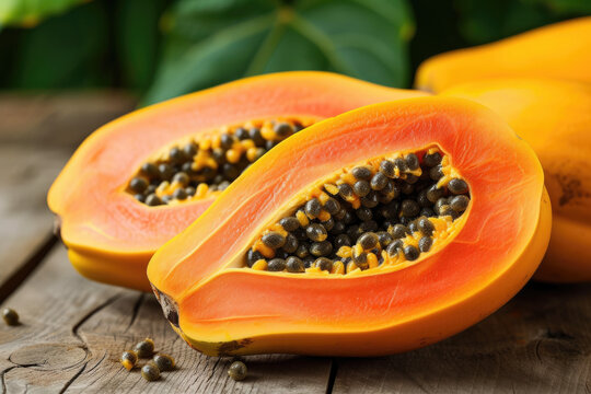 papaya with a yellow skin and a orange flesh with black seeds inside cut in half
