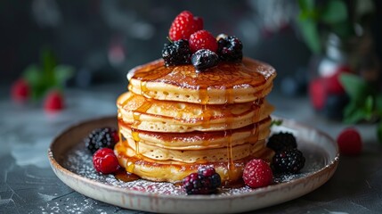 A towering stack of pancakes, golden and fluffy, drizzled with maple syrup and dotted with fresh berries