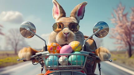 Cool Easter bunny with sunglasses and Easter eggs in his backpack on a motorbike.