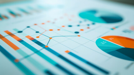 close-up of printed data charts, including bar graphs, line graphs, and pie charts, representing statistical analysis or business report findings.