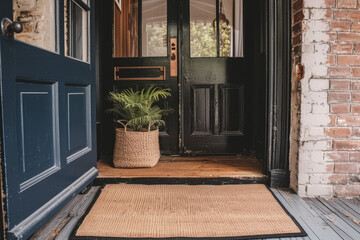photo of a open and closed door with a welcome and a goodbye mat