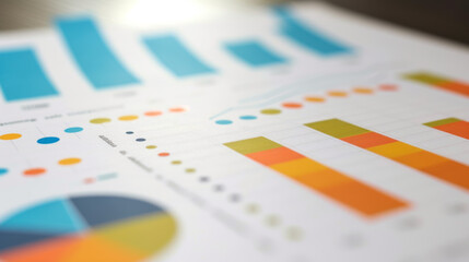 close-up of printed data charts, including bar graphs, line graphs, and pie charts, representing statistical analysis or business report findings.