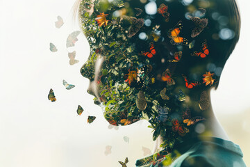 double exposure image of a child's silhouette filled with a butterfly garden.