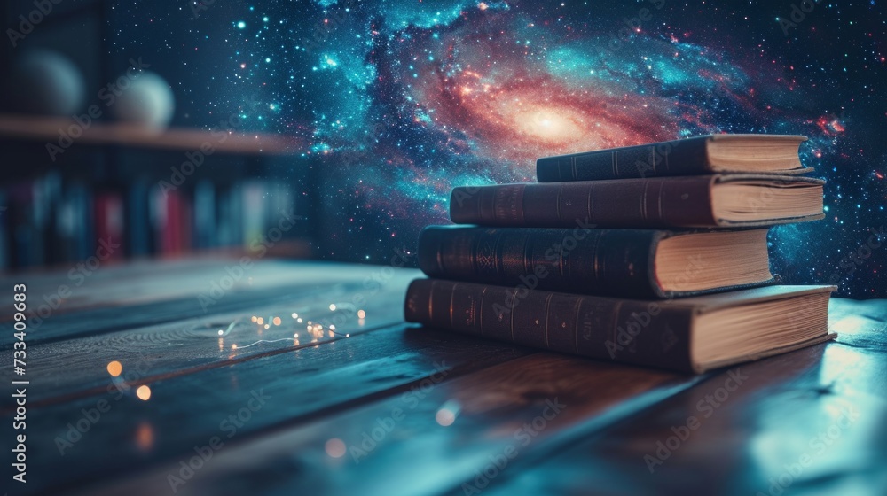 Poster a stack of books on physics and mathematics, the foundation of understanding the universe