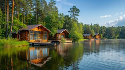 Fototapeta premium A tranquil lakeside retreat, with wooden cabins nestled among tall pine trees and a dock extending into the water