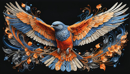 Very colorful and detailed illustration of a decorated bird spreading its wings while flying - obrazy, fototapety, plakaty