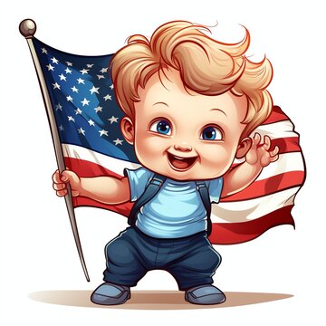 funny cartoon picture of baby holding USA flag, happy
