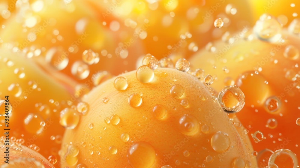 Wall mural a close up of a bunch of oranges with drops of water on them and a yellow background with oranges in