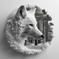 This striking black and white image blends the noble profile of an arctic wolf with a serene forest landscape, creating a visual metaphor for the wild spirit of nature.