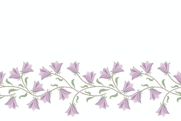 Vintage floral pattern seamless watercolour style. Ikat batik small bluebell flower motif with leaf branch minimal design hand draw background border frame vector illustration on white background.