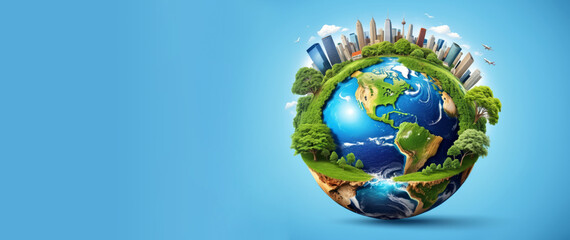 Illustration of planet Earth, cities surrounded by green trees and nature, blue sky with clouds. Eco concept, nature care and sustainability, save the planet. Wide banner with copy space