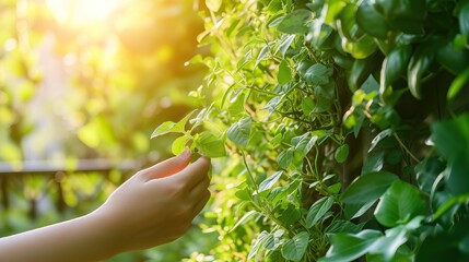 A person on a sunny day stretches out their hand to reach a beautifully lush and vibrant plant, immersing themselves in natures bounty. - Powered by Adobe