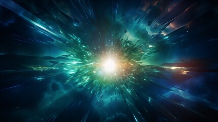 a bright light in the center of a blue and green explosion