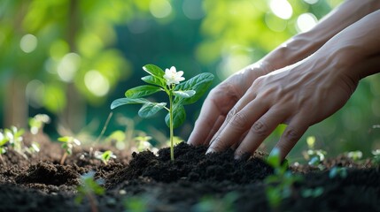 A persons hand delicately reaches towards a young plant emerging from the soil, symbolizing the harmonious bond between humans and nature.