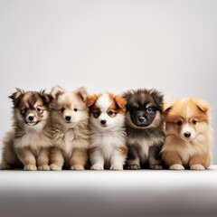 five cute puppies sitting together in a bright environment